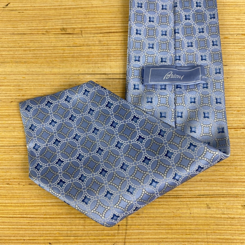 Brioni Silk Tie Blue Geometric mosaic tile Woven Hand Made Italy 3.5" x 60"